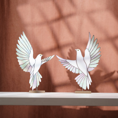 White Dove Stained Glass Sculpture Pair with Stone Base