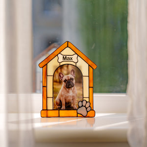 Personalized stained glass dog house photo frame with custom pet name