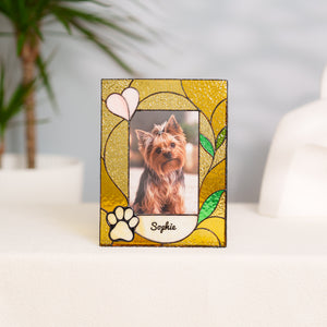 Personalized stained glass pet photo frame with paw, heart, and custom pet name