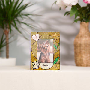 Personalized stained glass pet photo frame with paw, heart, and custom pet name