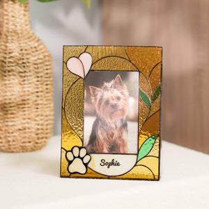 Personalized stained glass pet photo frame with paw, heart, and custom pet name