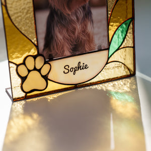 Personalized stained glass pet photo frame with paw, heart, and custom pet name