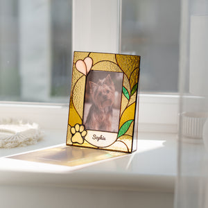 Personalized stained glass pet photo frame with paw, heart, and custom pet name