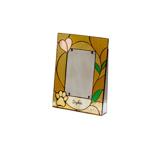 Personalized stained glass pet photo frame with paw, heart, and custom pet name