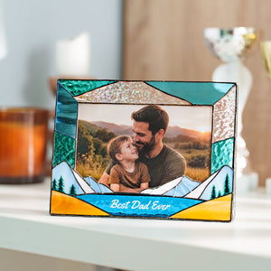 Personalized stained glass photo frame for Dad with mountain and forest design