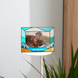 Personalized stained glass photo frame for Dad with mountain and forest design