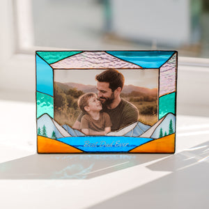 Personalized stained glass photo frame for Dad with mountain and forest design
