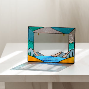 Personalized stained glass photo frame for Dad with mountain and forest design