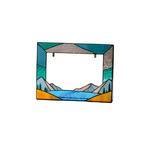 Personalized stained glass photo frame for Dad with mountain and forest design