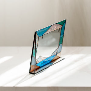 Personalized stained glass photo frame for Dad with mountain and forest design