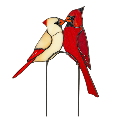 Stained Glass Cardinal Couple Plant Stake Decor