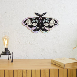 Iridescent stained glass moth wall hanging with floral rose and leaf details