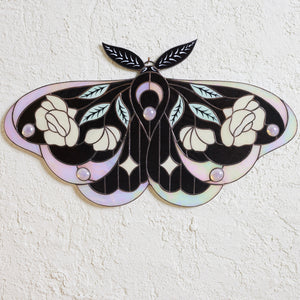 Iridescent stained glass moth wall hanging with floral rose and leaf details
