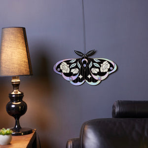 Iridescent stained glass moth wall hanging with floral rose and leaf details