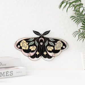 Iridescent stained glass moth wall hanging with floral rose and leaf details