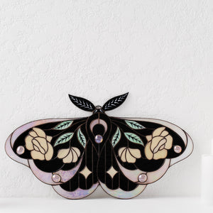 Iridescent stained glass moth wall hanging with floral rose and leaf details