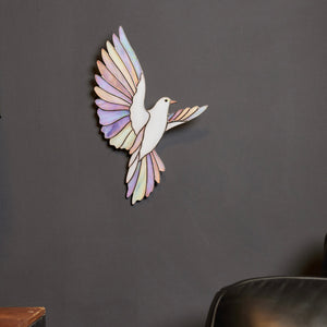 Iridescent stained glass dove wall decor symbolizing peace and hope