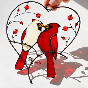 Cardinal Couple in Heart Stained Glass Suncatcher Christmas Decor