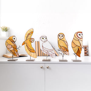 Five decorative owl figurines in different poses displayed on small stands on a white cabinet against a white wall.