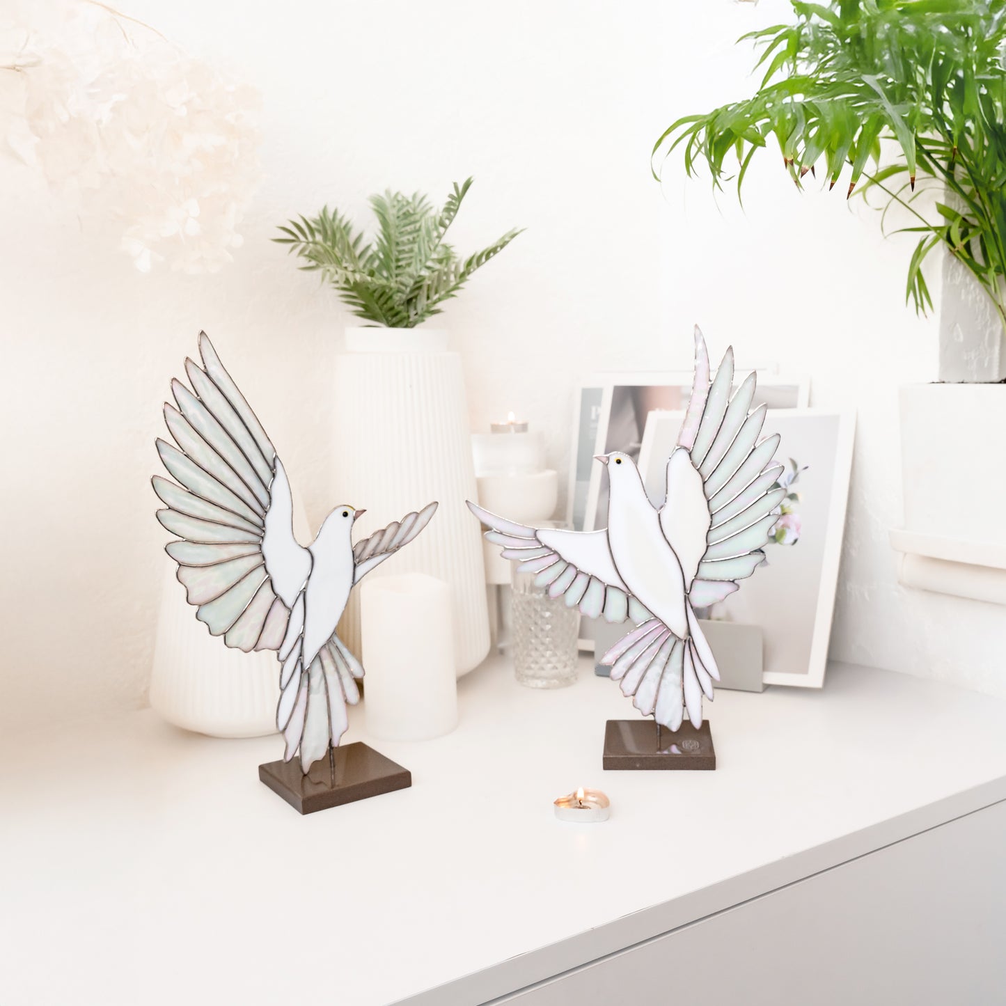 White Dove Stained Glass Sculpture Pair with Stone Base