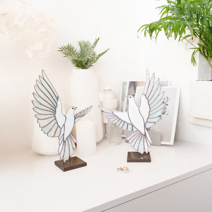 White Dove Stained Glass Sculpture Pair with Stone Base