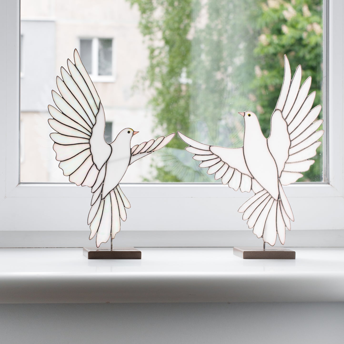 White Dove Stained Glass Sculpture Pair with Stone Base
