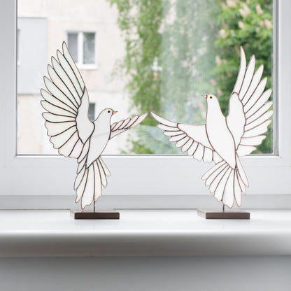 White Dove Stained Glass Sculpture Pair with Stone Base