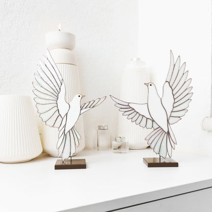 White Dove Stained Glass Sculpture Pair with Stone Base