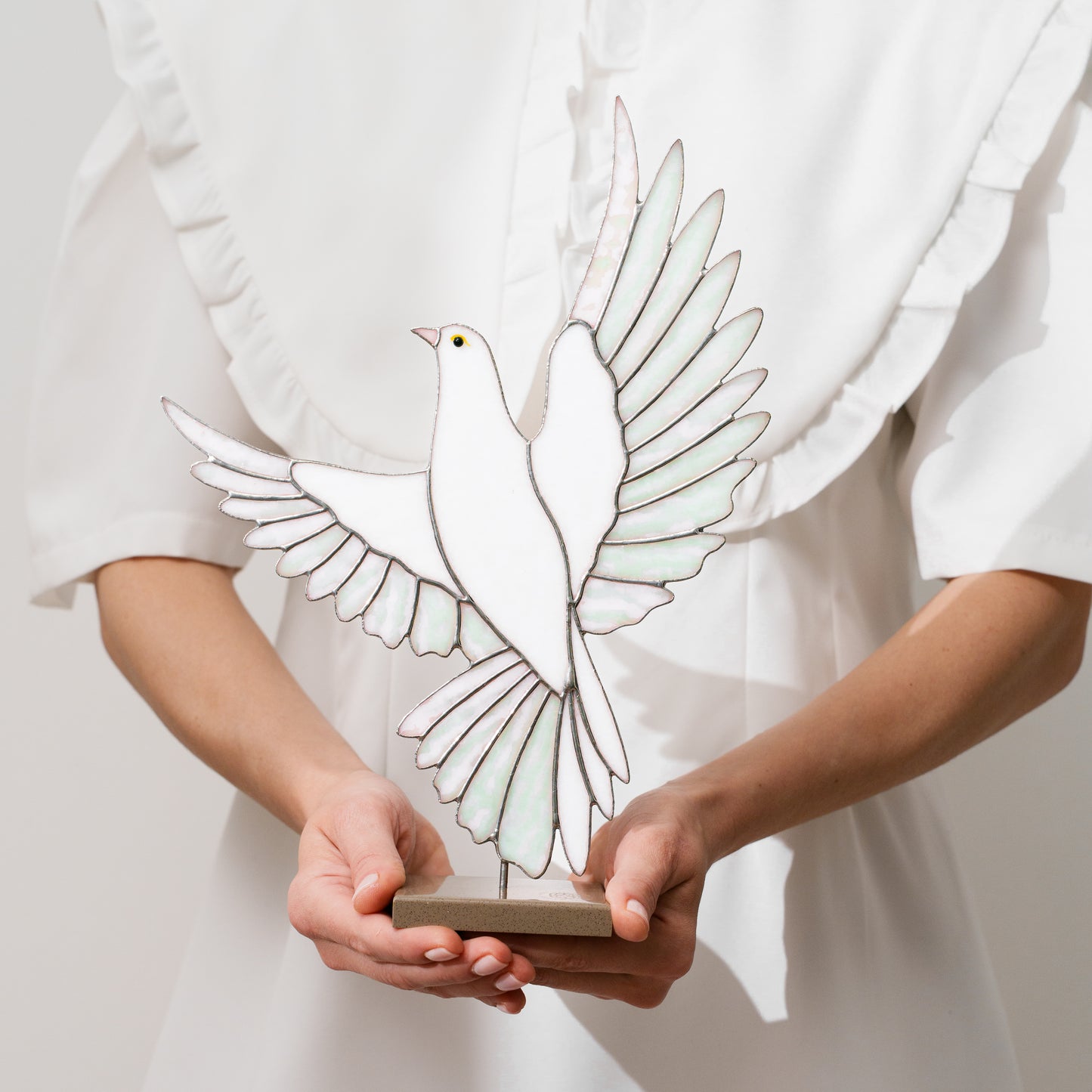 White Dove Stained Glass Sculpture Pair with Stone Base