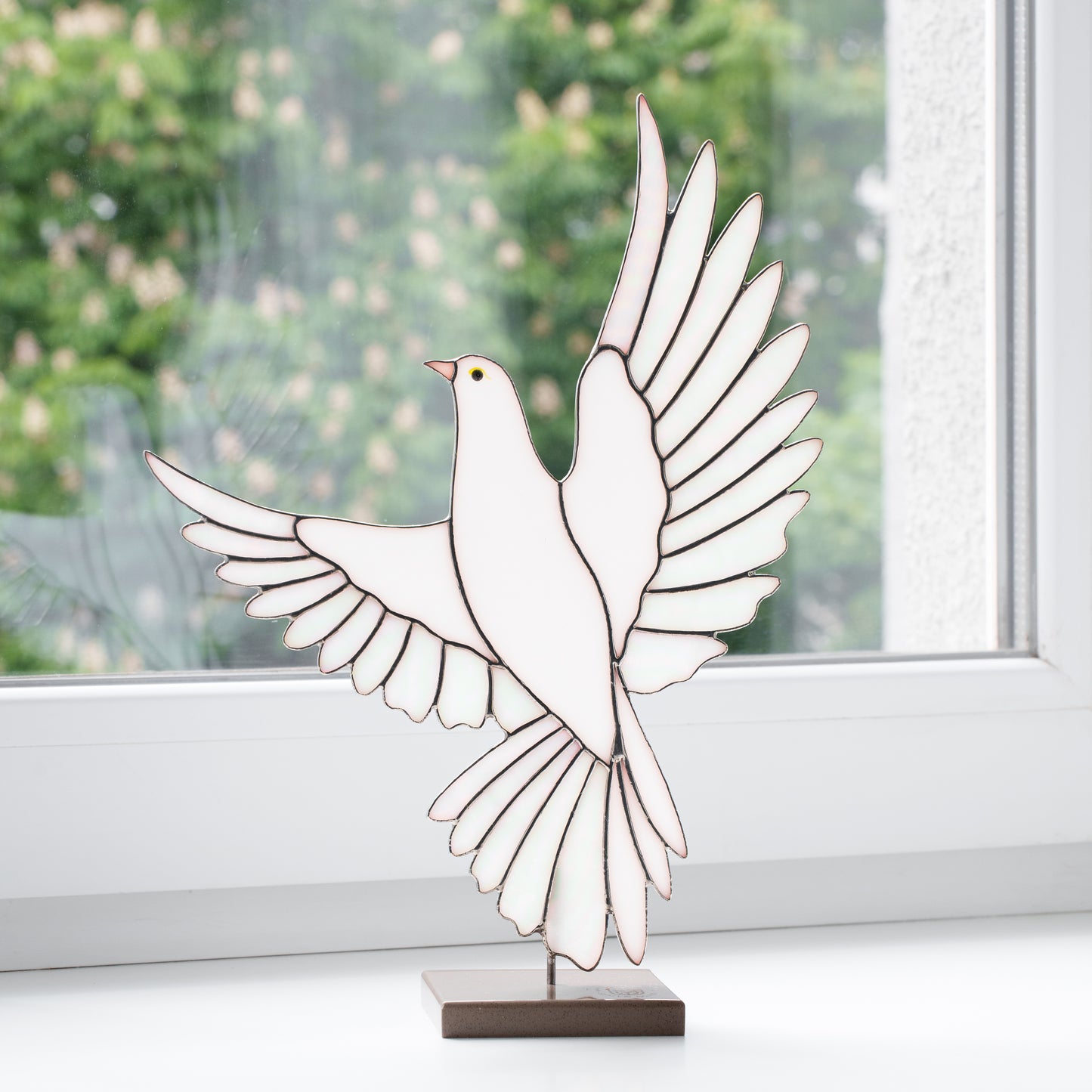 White Dove Stained Glass Sculpture Pair with Stone Base