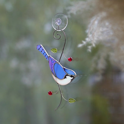 Stained Glass Blue Jay - Suncatcher Hanging Decor 7.5x3.9 inch