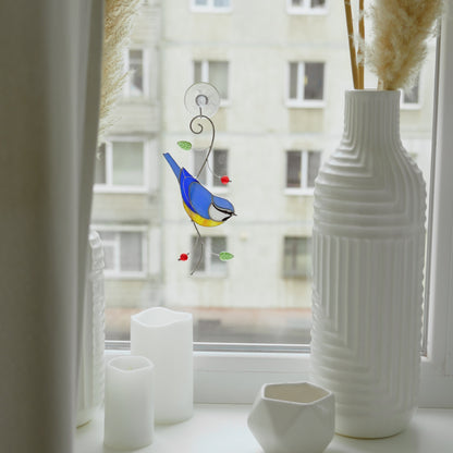 Blue Tit Window Hanging – Stained Glass Bird Decor A Delightful Symbol of Joy, Curiosity