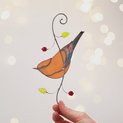 Stained Glass Cedar Waxwing Bird -  Suncatcher Window Decor 7.5x3.9 inch