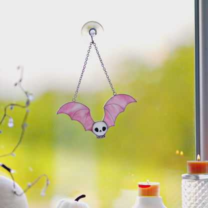 Black Stained Glass Skull with Bat Wings Wall Art