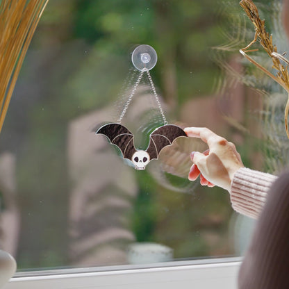 Stained Glass Skull Suncatcher with Bat Wings, Gothic Home Decor, Macabre Art