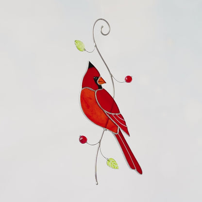 Stained Glass Red Cardinal - Suncatcher Hanging Decor 7.5x4.4 inch