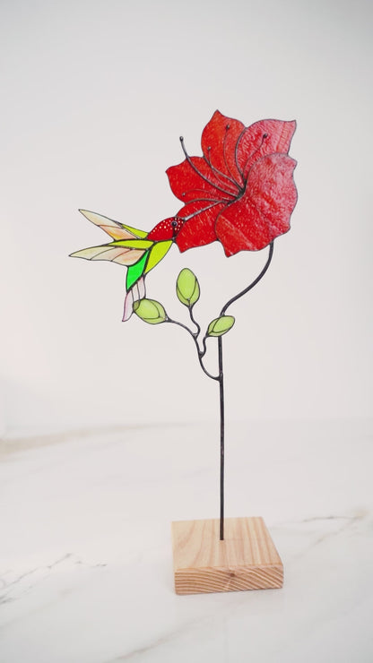 Hummingbird with Red Flower Stained glass - Table decor 13x6.3 inch