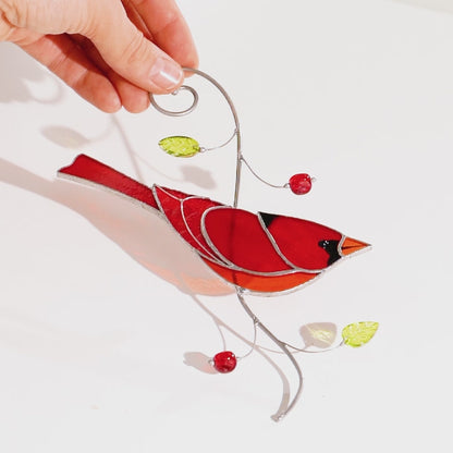 Stained Glass Red Cardinal - Suncatcher Hanging Decor 7.5x4.4 inch