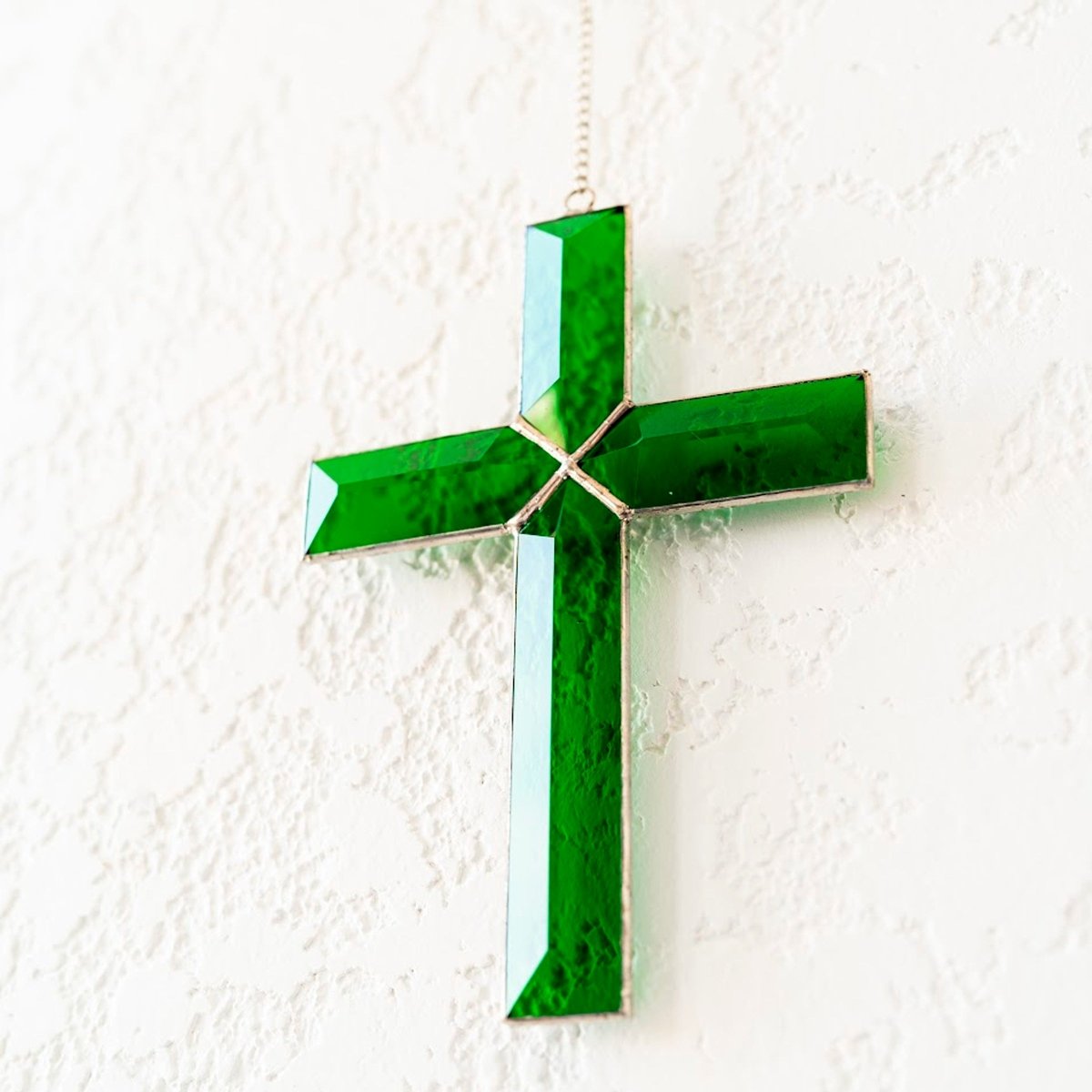 suncatcher Beveled stained_glass Beveled Green Cross Stained glass - Suncatcher Hangings 5.5x4 inch