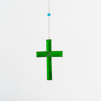 suncatcher Beveled stained_glass Beveled Green Cross Stained glass - Suncatcher Hangings 5.5x4 inch