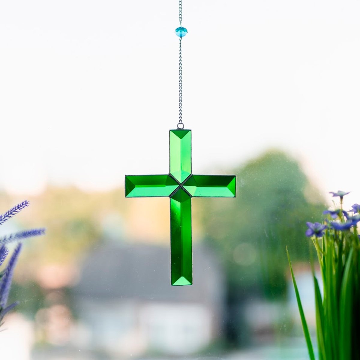 suncatcher Beveled stained_glass Beveled Green Cross Stained glass - Suncatcher Hangings 5.5x4 inch