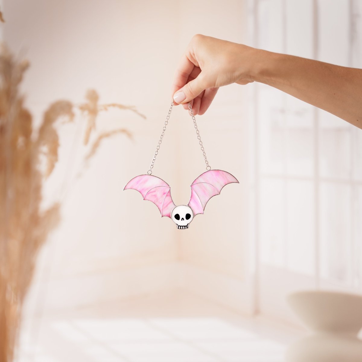 suncatcher Halloween stained_glass Black Stained Glass Skull with Bat Wings Wall Art