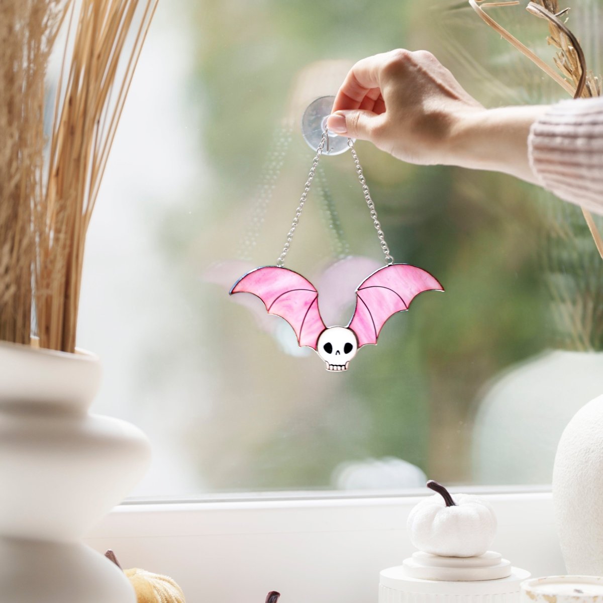 suncatcher Halloween stained_glass Black Stained Glass Skull with Bat Wings Wall Art