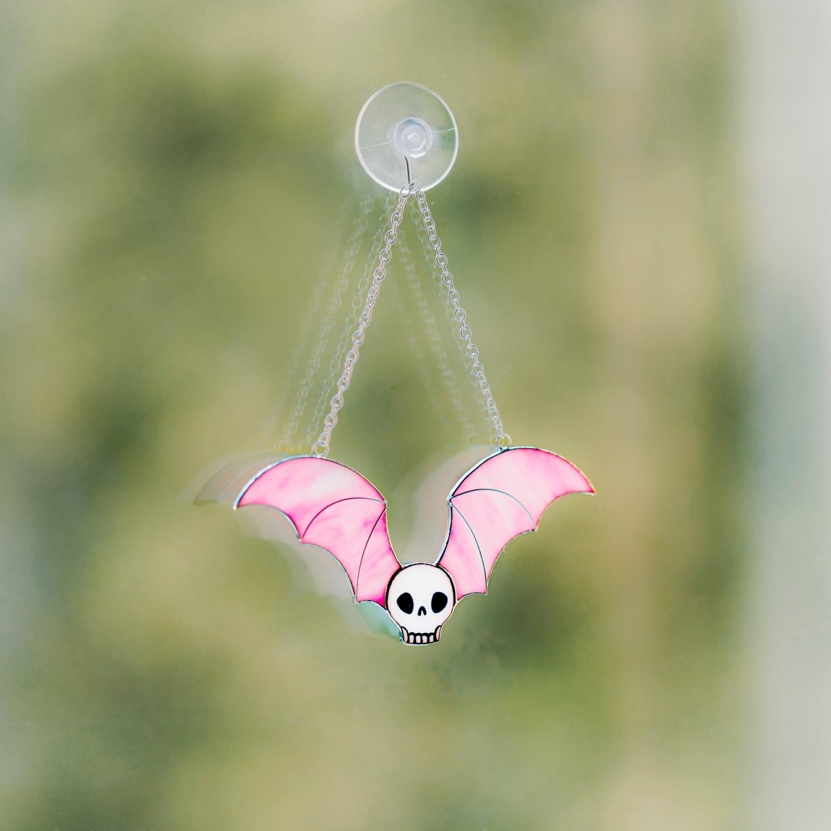 suncatcher Halloween stained_glass Black Stained Glass Skull with Bat Wings Wall Art