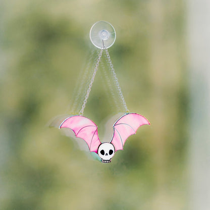 suncatcher Halloween stained_glass Black Stained Glass Skull with Bat Wings Wall Art