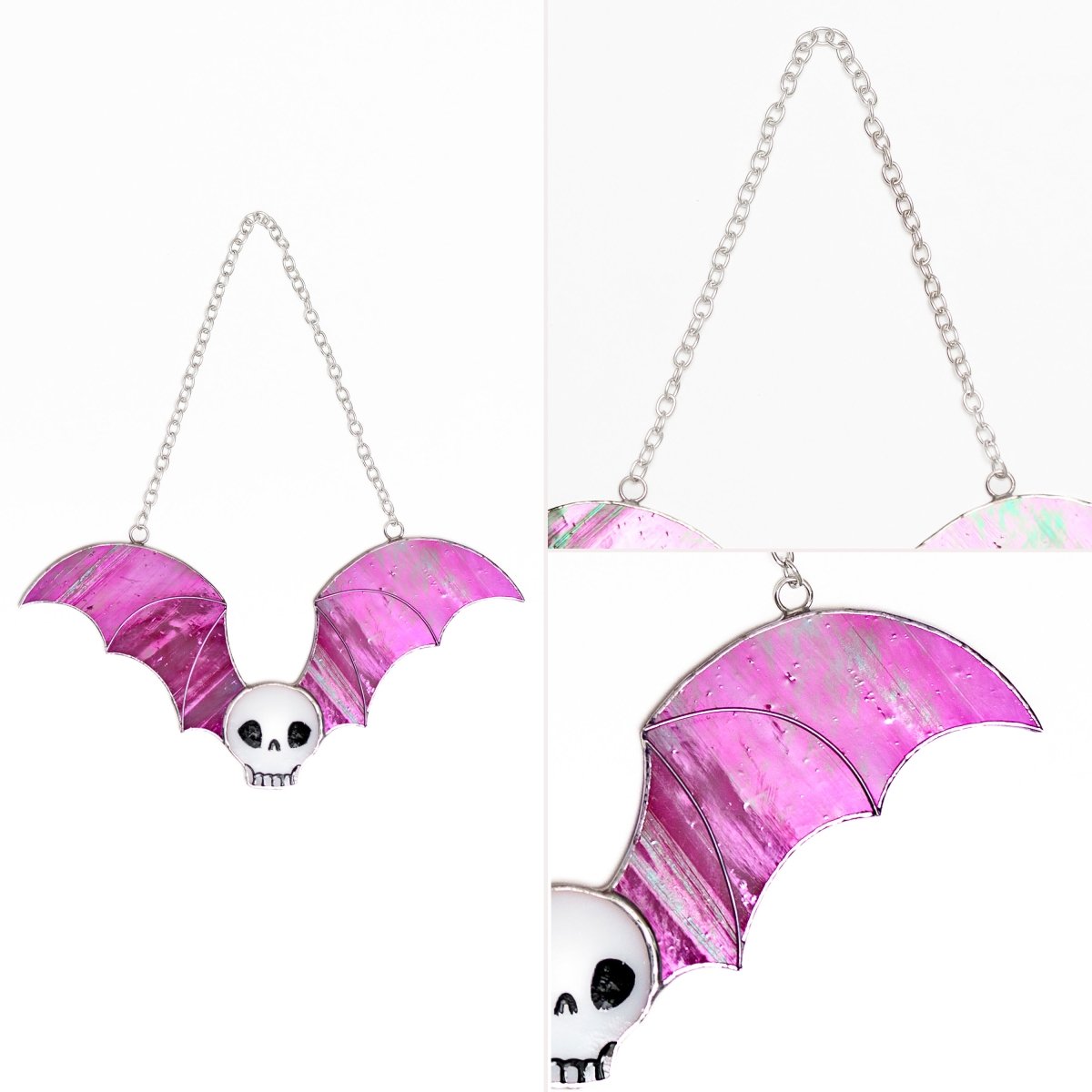 suncatcher Halloween stained_glass Black Stained Glass Skull with Bat Wings Wall Art