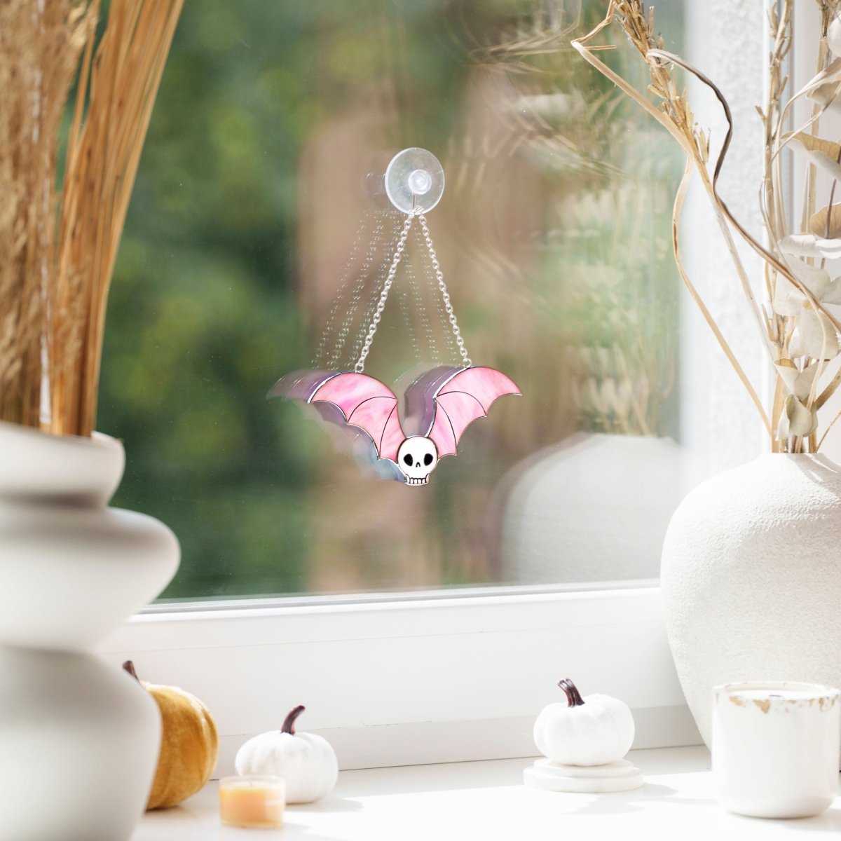 suncatcher Halloween stained_glass Black Stained Glass Skull with Bat Wings Wall Art