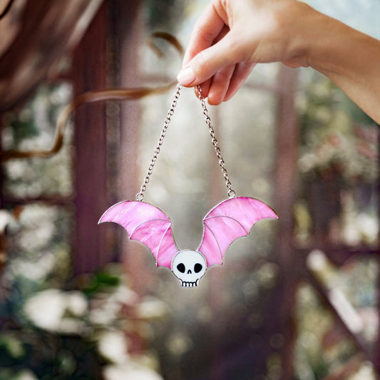 suncatcher Halloween stained_glass Black Stained Glass Skull with Bat Wings Wall Art