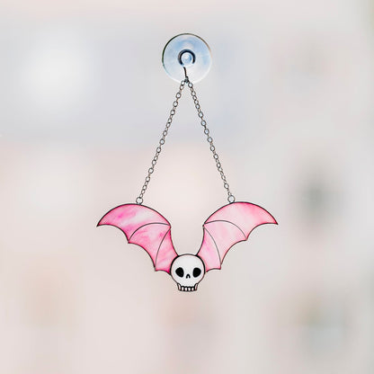 suncatcher Halloween stained_glass Black Stained Glass Skull with Bat Wings Wall Art