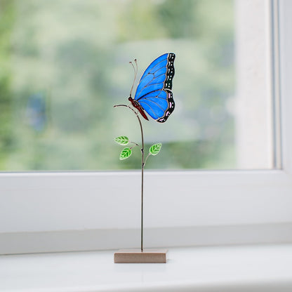 suncatcher stained_glass Blue Butterfly Stained Glass Table Decor – Handmade Art Piece